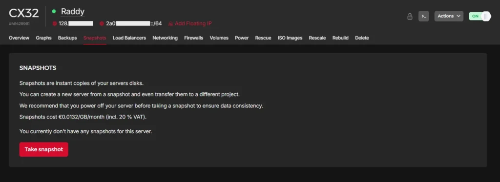 Hetzner Take a Server Snapshot